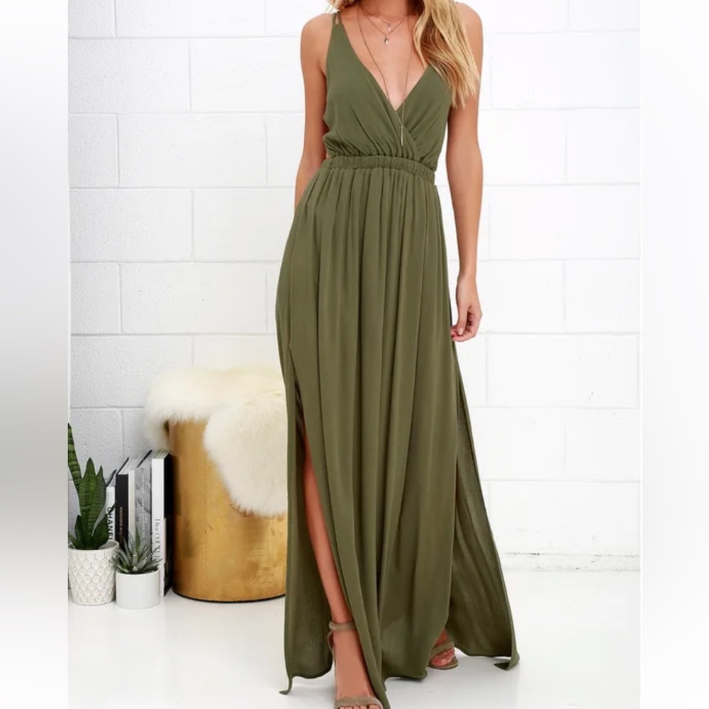 Lulu’s Lost in Paradise Olive Green Maxi Dress, Size M